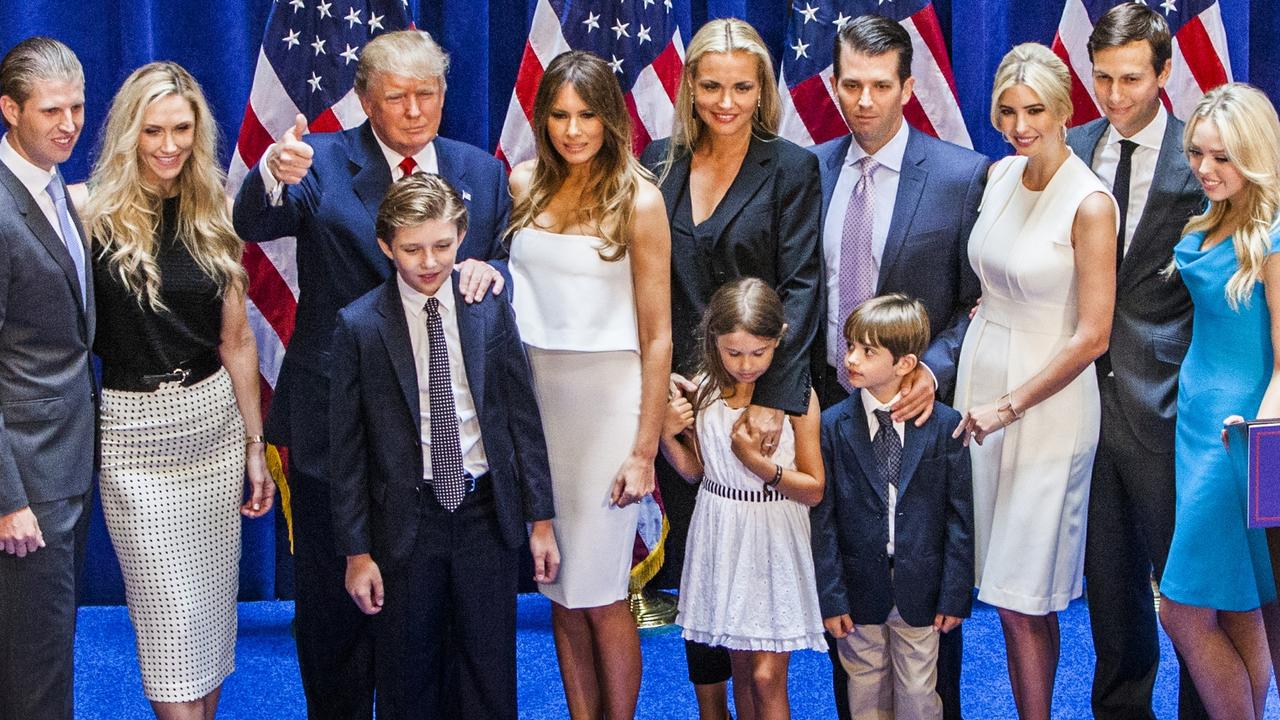 The Trumps: (L-R): Eric, Lara, Donald Trump, Barron, Melania, Vanessa, Kai, Donald Trump Jr., Donald John Trump III, Ivanka, Jared Kushner, and Tiffany pictured in 2015. Picture: Christopher Gregory/Getty Images