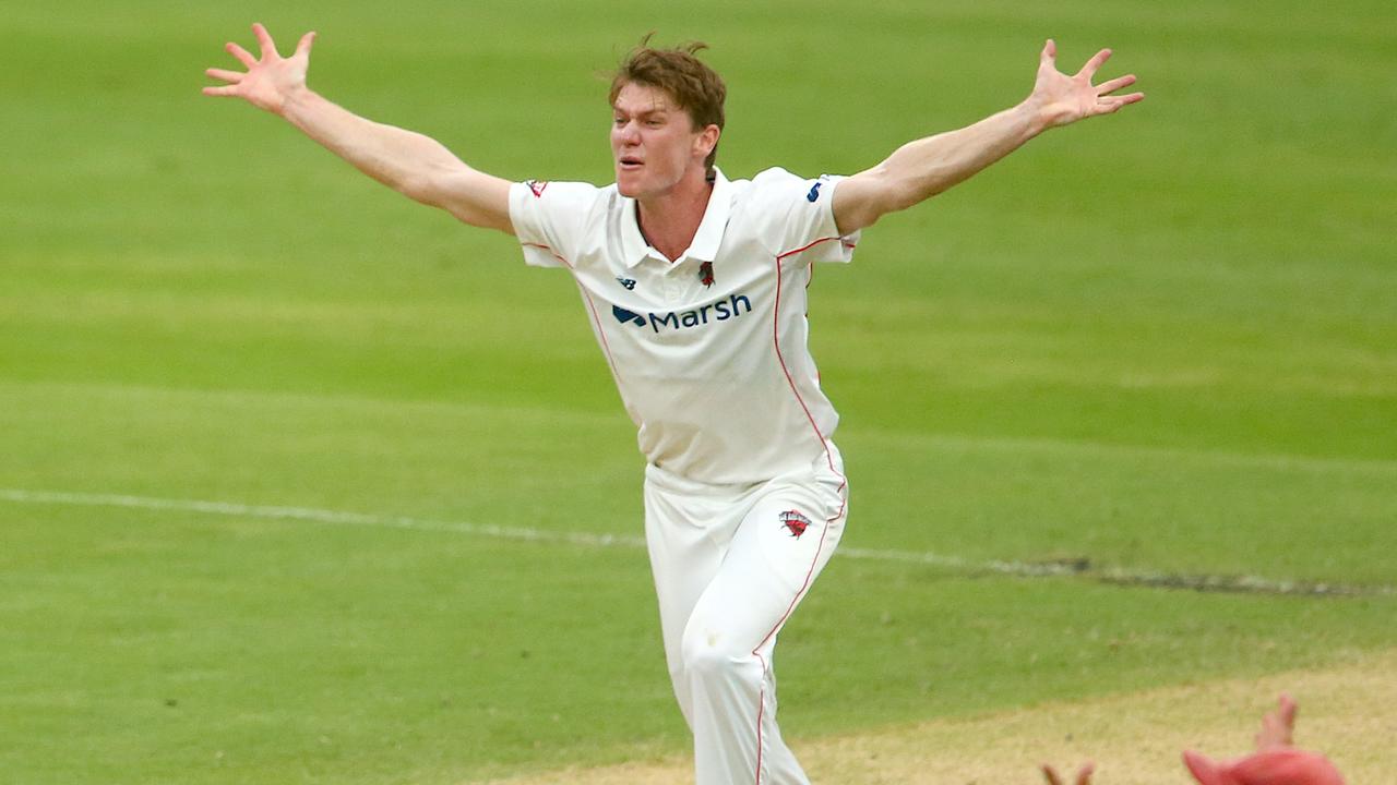 South Australia’s Brendan Doggett appeals for a wicket successfully. Picture: Jono Searle/Getty Images.