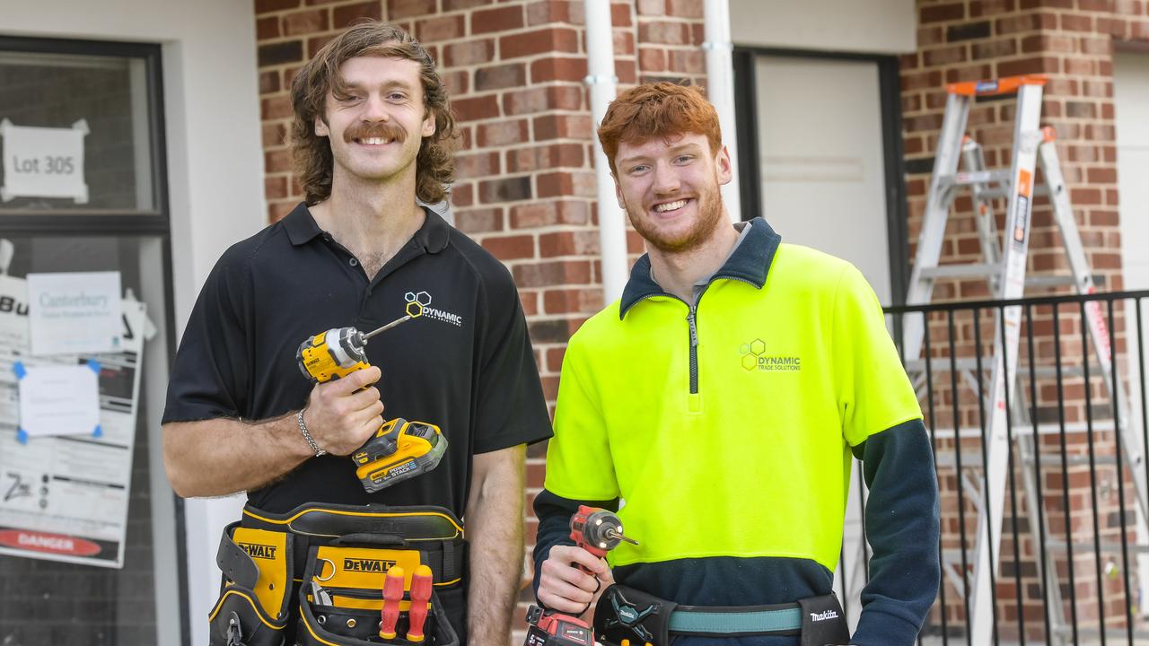 First-year electricians Hugh Taylor and Kobey Getgood were at Premier Peter Malinauskas’s press conference to announce more apprentice training places. Picture: Roy Van Der Vegt