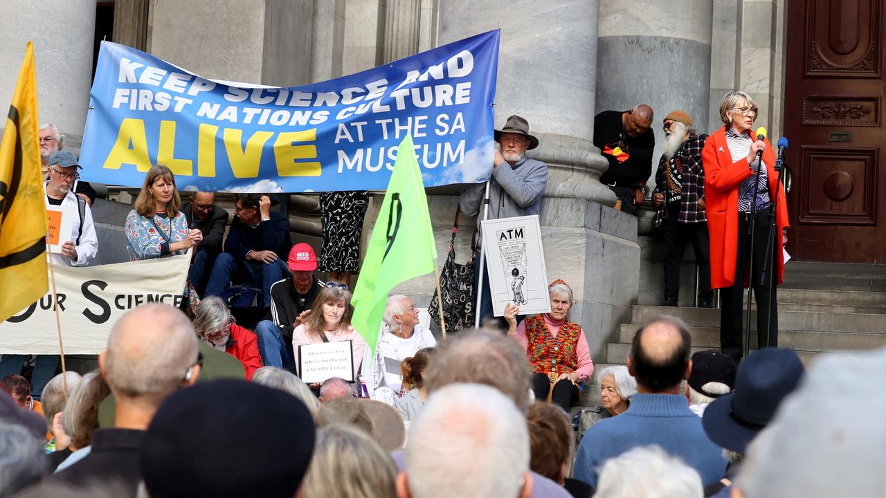 Jane Lomax-Smith speaks at the Rally to save the SA Museum from funding cuts at the Adelaide Parliament House. Picture: Kelly Barnes