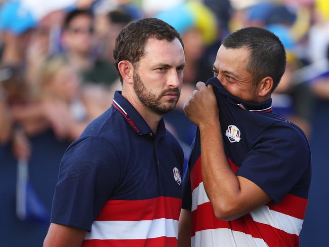 ROME, ITALY - OCTOBER 01: Patrick Cantlay and Xander Schauffele of Team United States talk following the Sunday singles matches of the 2023 Ryder Cup at Marco Simone Golf Club on October 01, 2023 in Rome, Italy. (Photo by Patrick Smith/Getty Images)