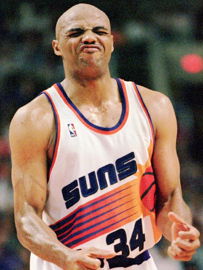 Phoenix Suns Charles Barkley reacts during NBA playoff with San Antonio Spurs in Phoenix.