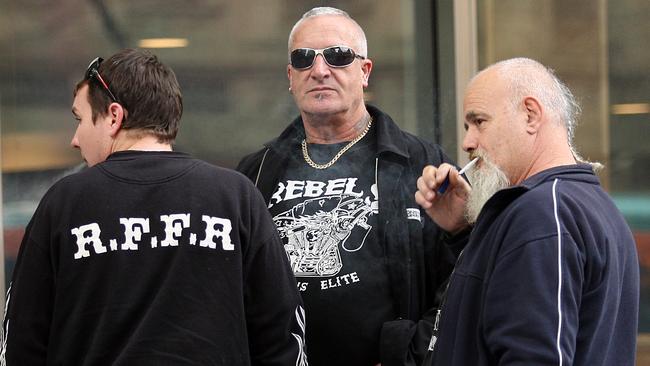 Bikie Gang case at the County Court. The shooting of Bandido member Ross Brand. John Bedson’s stepfather Colin Websdale with Rebel bikies. Picture: Norm Oorloff