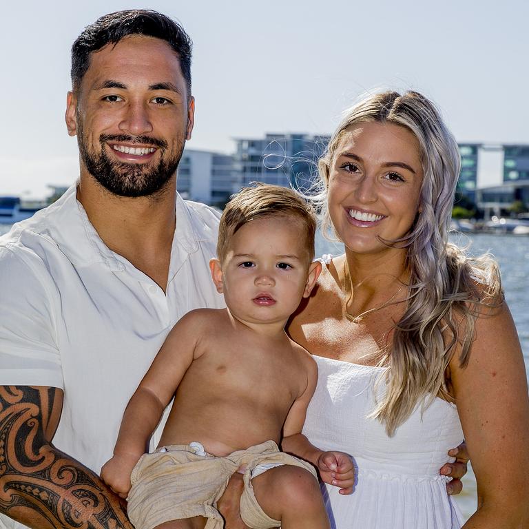 <p>Faces of the Gold Coast at Paradise Point. Gold Coast Titans player, Patrick Herbert with his partner Kirri Carpenter and True Herbert, 1. Picture: Jerad Williams</p>