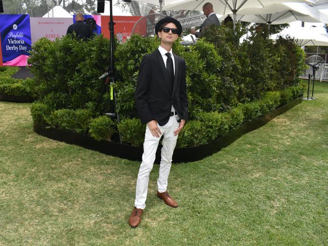 Guests in striking racewear at Penfolds Derby Day at the Flemington Racecourse on Saturday, November 02, 2024: James Cameron. Picture: Jack Colantuono