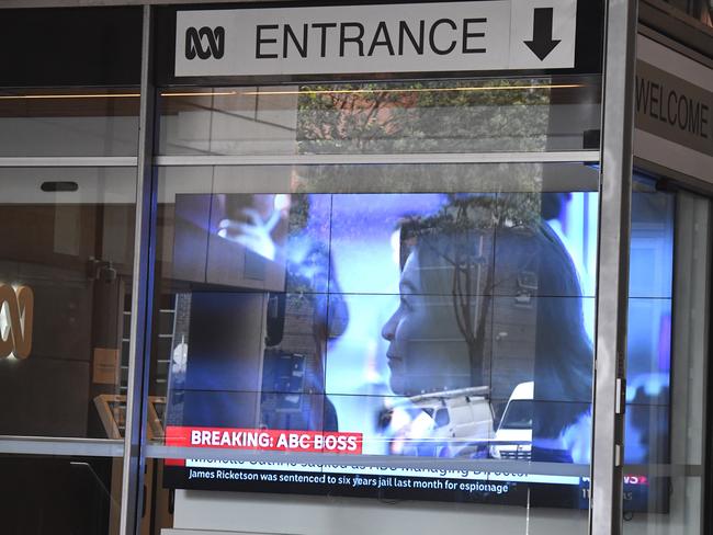 Former ABC managing director Michelle Guthrie is seen on a television screen showing ABC News 24 at the ABC Ultimo Offices in Sydney, after her sacking was announced. Picture: AAP