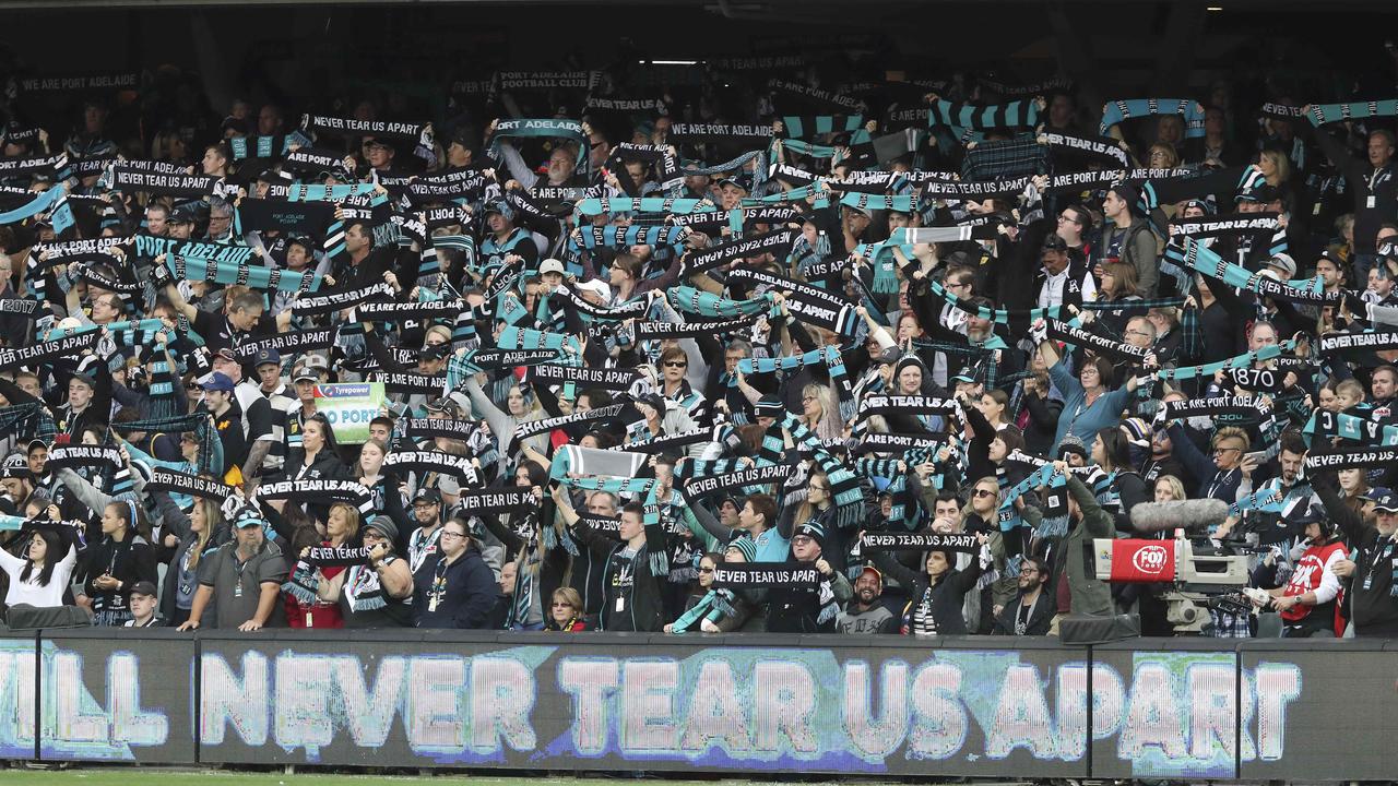 Port Adelaide fans in full song. Picture: Sarah Reed