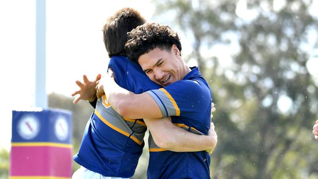 Churchie players celebrate a try GPS First XV rugby between Churchie and Brisbane State High School. Saturday September 10, 2022. Picture, John Gass