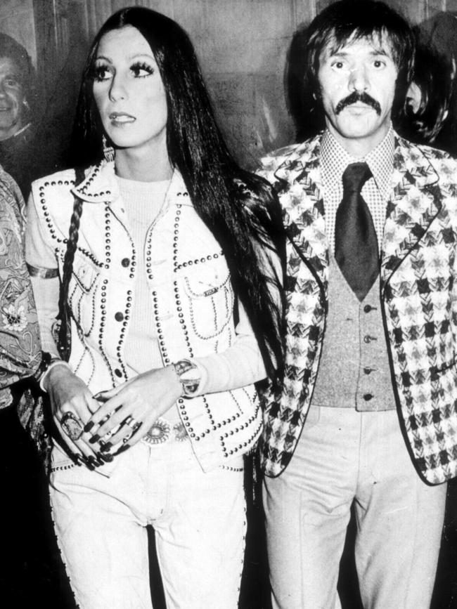 Singers Sonny Bono & wife Cher in 1974. Bono/Singer Cher/Singer Bono/fam Cher/fam