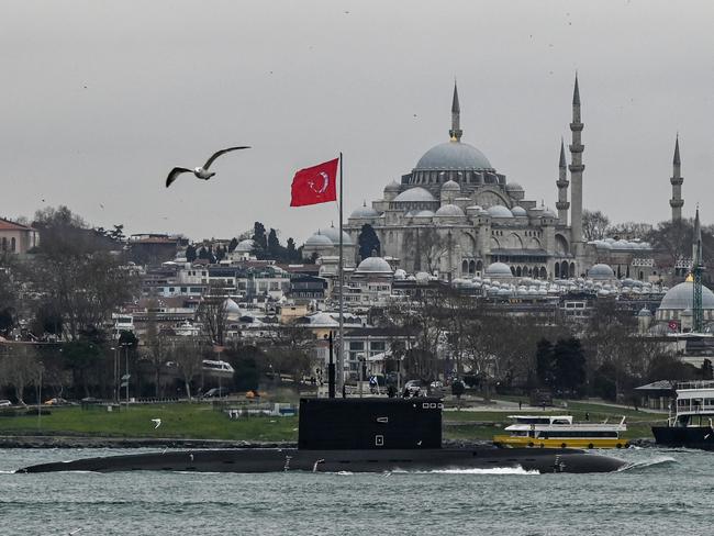 Russian Navy's diesel-electric Kilo class submarine Rostov-on-Don sails through the Bosphorus Strait. Picture: AFP