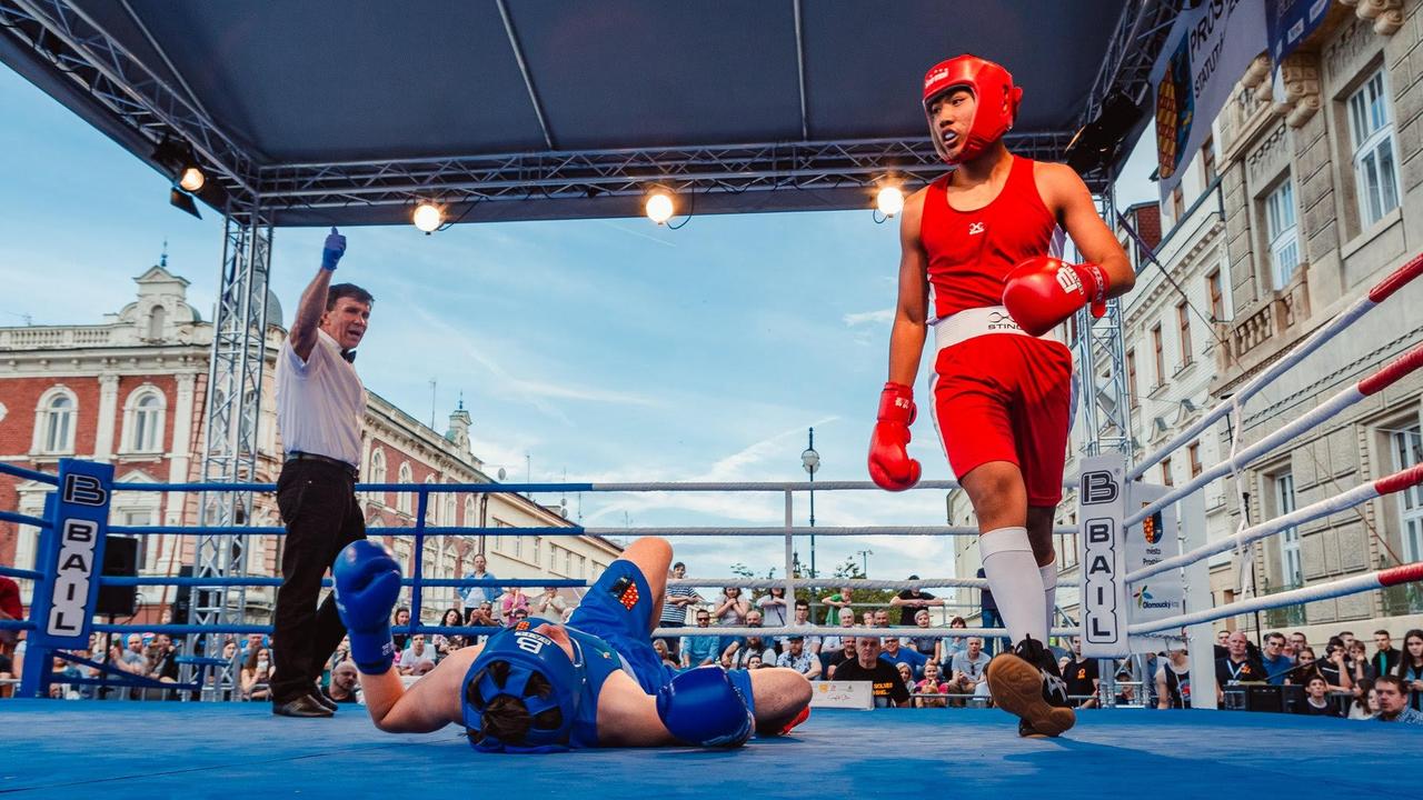 Caboolture Boxing Club's Antonio Futol, right, after sending his opponent to the canvas in the first round in Prostejov, Czech Republic June 2019.