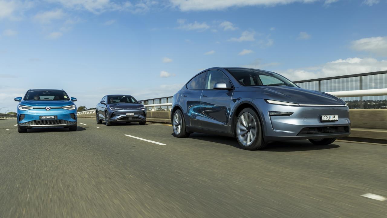 2025 Tesla Model Y, BYD Sealion 7 and Volkswagen ID. 4 Pro. Picture: Mark Bean