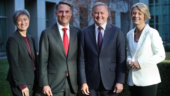 Labor’s new leadership team: Senate Leader Penny Wong, Deputy Opposition Leader Richard Marles, Opposition Leader Anthony Albanese and Deputy Leader in the Senate Kristina Keneally. Picture: Kym Smith