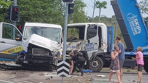 A skip bin and van have collided at the corner of Lake Placid Rd and the Cairns Western Arterial Rd. Picture: Kathryn Ann Buckley