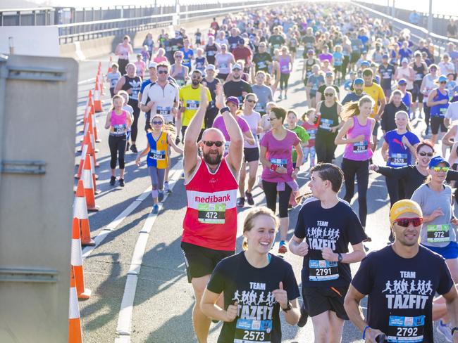 Run the Bridge Fun Run 2020 across Tasman Bridge. Picture: RICHARD JUPE