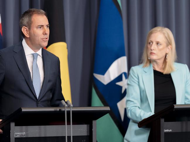 CANBERRA, AUSTRALIA, NewsWire Photos. DECEMBER 17, 2024: Treasurer Jim Chalmers and Minister for Finance Katy Gallagher give an update ahead of Wednesday's Mid-Year Economic and Fiscal Outlook (MYEFO) release at Parliament House in Canberra. Picture: NewsWire / David Beach