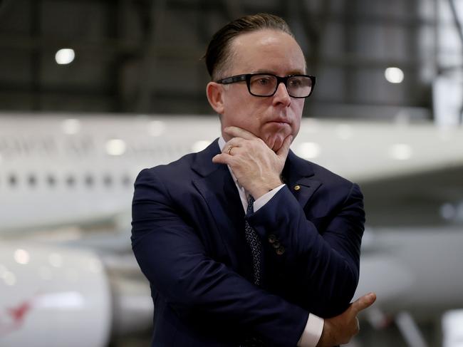 SYDNEY, AUSTRALIA - NewsWire Photos MARCH 11, 2021: Pictured Qantas CEO Alan Joyce during a press conference at Qantas Hangar 96 at Sydney Airport in Sydney NSW. Picture: NCA NewsWire / Dylan Coker