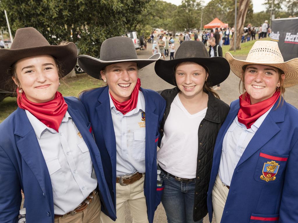 Members of the Downlands College cattle show team (fro left) Lacee Peters, Maddy Albrecht, Shayla Rudd and Alana Gollan at the Toowoomba Royal Show, Saturday, April 1, 2023. Picture: Kevin Farmer