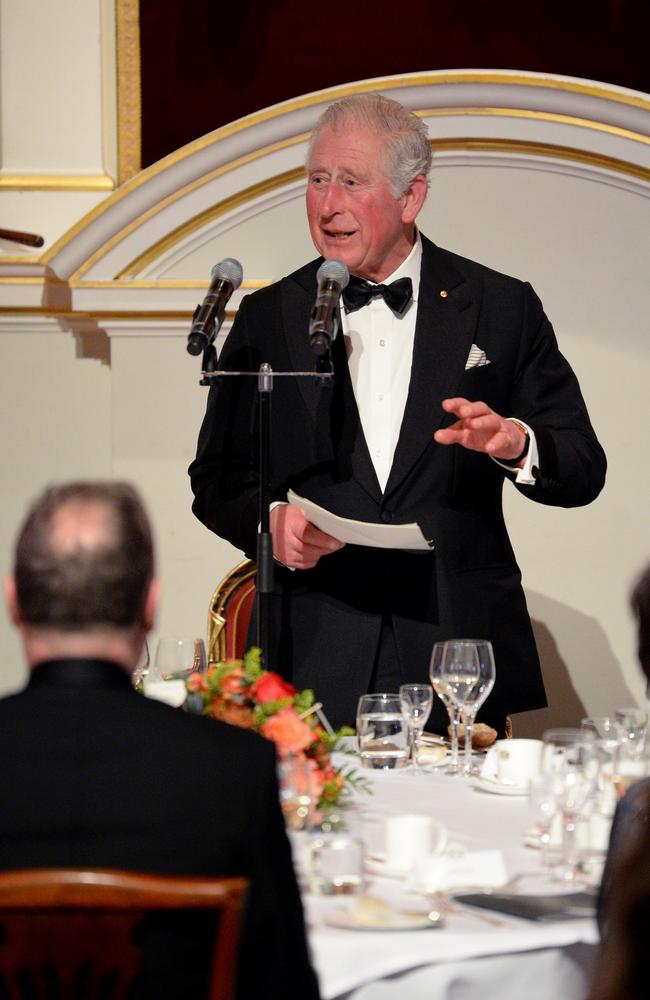 Prince Charles, Prince of Wales makes a speech as he attends a dinner in aid of the Australian bushfire relief and recovery effort at Mansion House. Picture: Getty