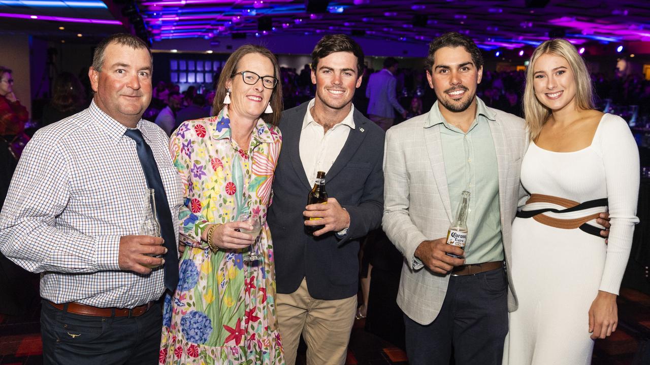 At the Downs and Western Housing and Construction Awards are (from left) Brett Pollock, Angela Pollock, Jamie Cloherty, Oliver Peak and Leah Davis of RA and KJ Pollock Buliding Contractors, Roma at Rumours International, Friday, July 22, 2022. Picture: Kevin Farmer