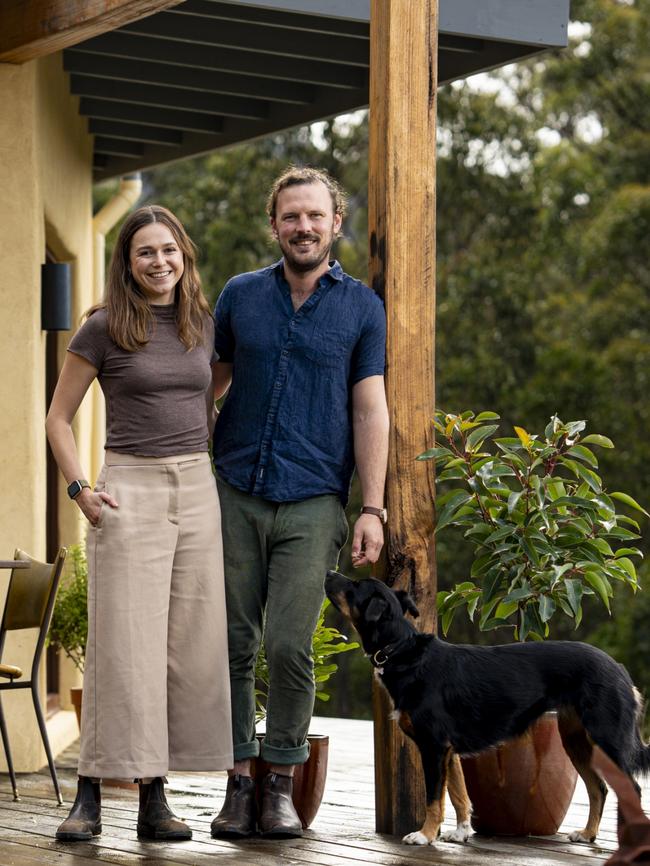 Chloe Meyer and Dan Rawlins on their property at Franklin, Tasmania. Picture: Brad Harris