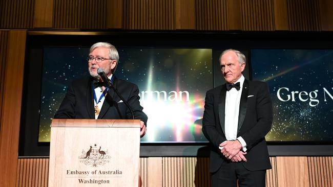 Greg Norman receives an award from Kevin Rudd at the Australia Day gala in Washington DC. SUPPLIED