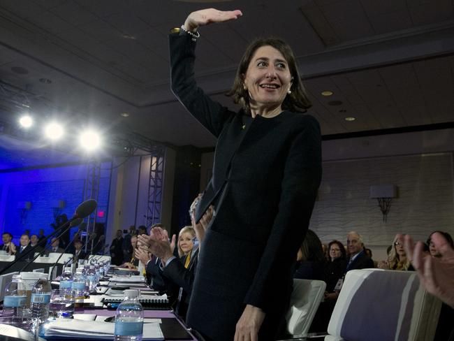 Australian NSW Premier Gladys Berejiklian wave to the crowd during the National Governor Association 2018 winter meeting, on Saturday, Feb. 24, 2018, in Washington. (AP Photo/Jose Luis Magana)