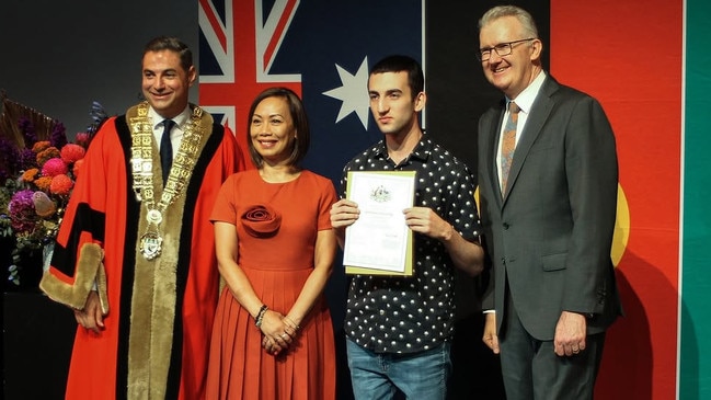 Tony Burke joins independent Fowler MP Dai Le and Liverpool mayor Ned Manour during a citizenship ceremony.