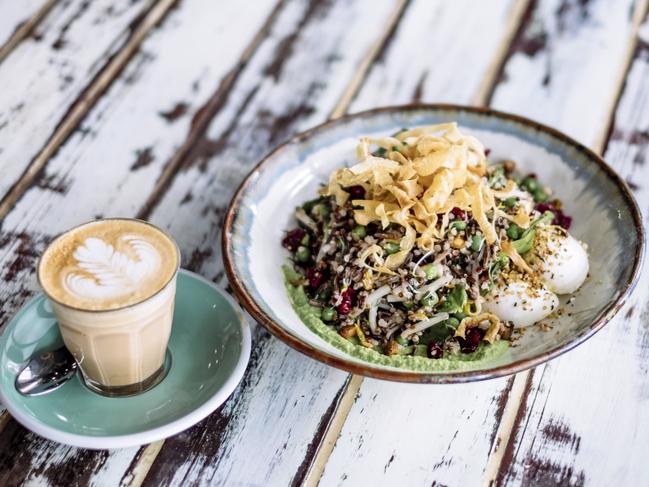 The crunchy breakfast salad from Elk Espresso is "flying out the doors" - sprouts, cranberries, garden peas, wild rice, quinoa, toasted hemp, parsnip crisps and poached eggs.