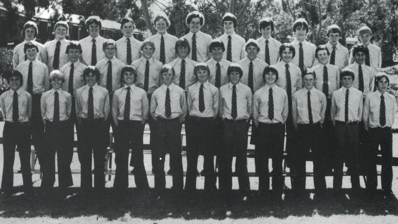 Troy Dunn (front row, third from right) pictured in 1981 in Year 9 at St Brendan’s. The champion cowboy went on to become the first Australian to win the PBR world bull riding championship.