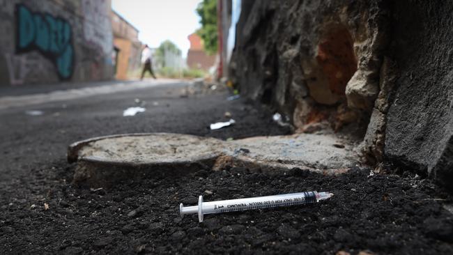 A syringe in a laneway off Little Grey St, St Kilda. Picture: Penny Stephens