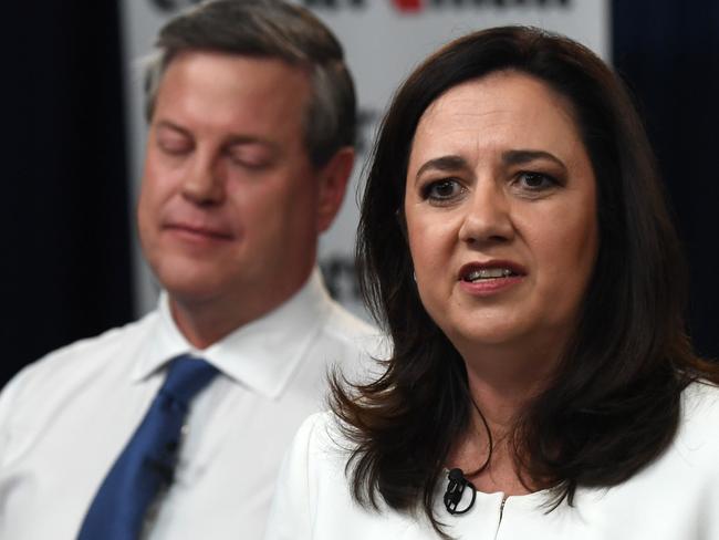 Queensland Premier Annastacia Palaszczuk (right) and Leader of the Opposition Tim Nicholls are seen during 'The People's Forum' leaders debate at the Broncos Leagues Club, Brisbane, Thursday, November 16, 2017. Queenslanders will go to the polls on November 25. (AAP Image/Dan Peled) NO ARCHIVING