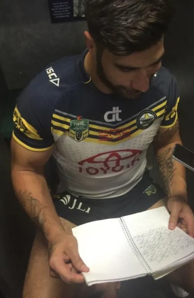 James Tamou reads his letter to himself ahead of the 2015 grand final. Picture: Supplied