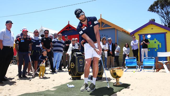 Jordan Lewis joined Ernie Els at Brighton Beach to promote next year’s Presidents Cup. Picture: Getty Images