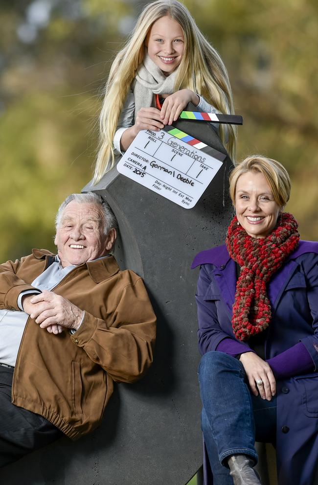 Olivia Deeble as a 12-year-old with famous family members Reg Gorman (The Sullivans) and Kate Gorman (Neighbours). Picture: Jason Edwards