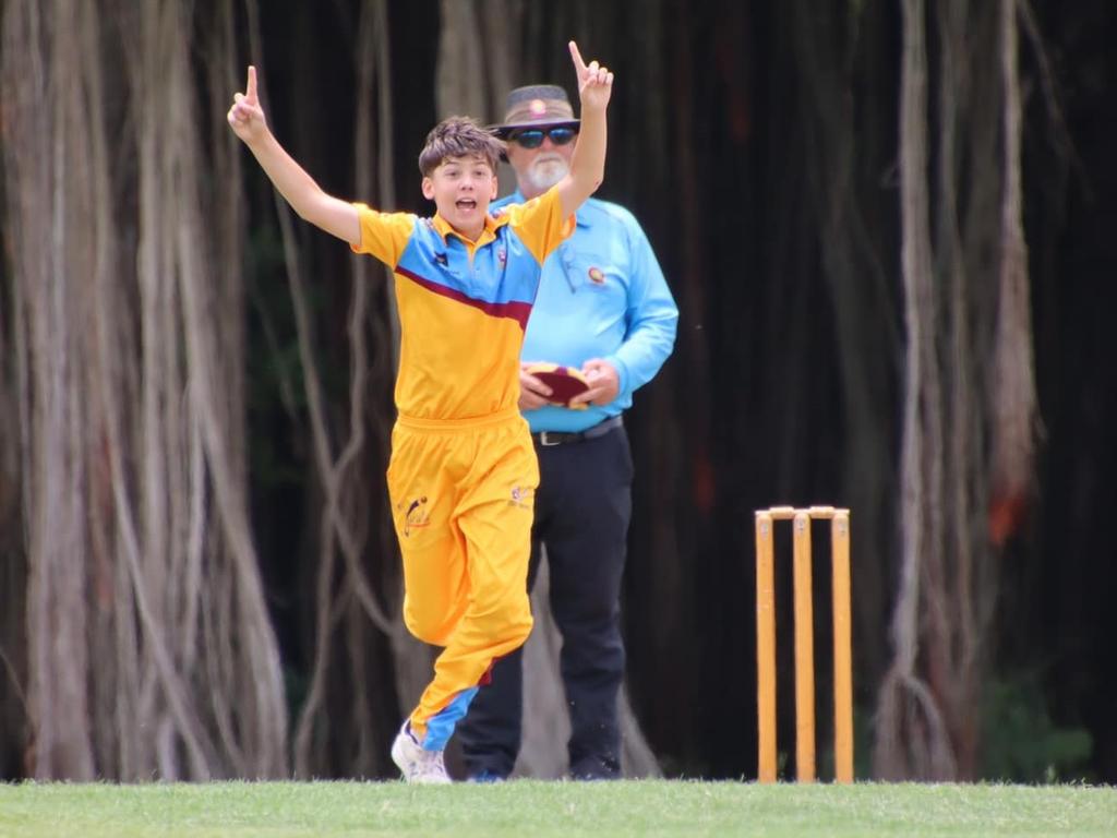 Central Queensland under-14 cricketer Lewis Harch celebrates his hat-trick in the Under-14 Boys Northern Carnival grand final. Photo: Breeha Sinnamon