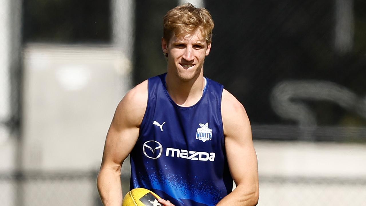 MELBOURNE, AUSTRALIA - NOVEMBER 13: Dylan Stephens of the Kangaroos in action during the North Melbourne Kangaroos training session at Arden Street on November 13, 2023 in Melbourne, Australia. (Photo by Michael Willson/AFL Photos via Getty Images)