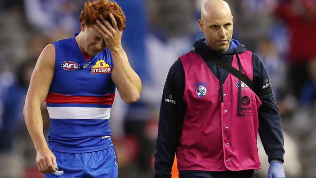 Ed Richards of the Bulldogs was hurt in an incident with Marley Williams. Pic: Michael Klein