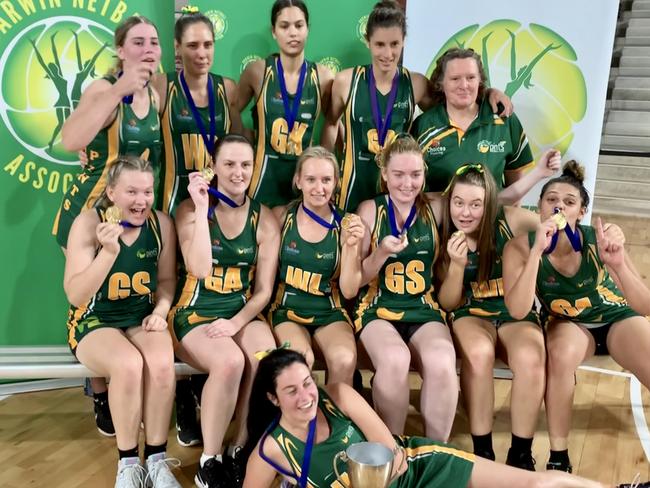 Pints celebrate their 2020 Darwin Premier League Netball victory. Picture: Nathaniel Chambers