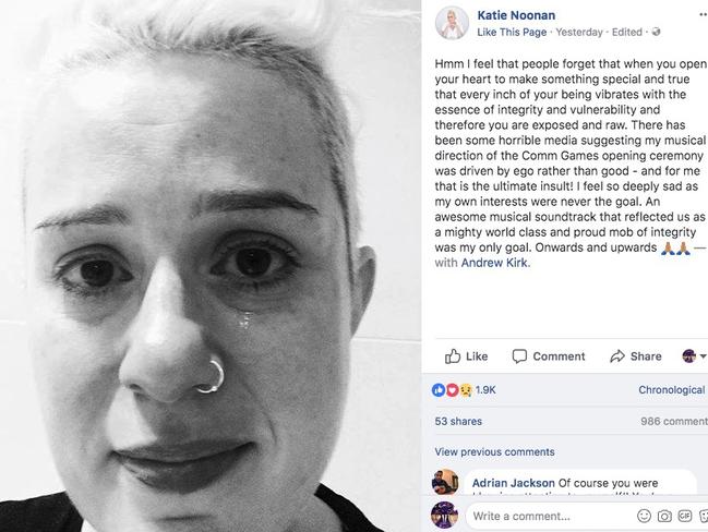 Katie Noonan posted an emotional message to Facebook in the wake of stinging criticism of the opening ceremony.