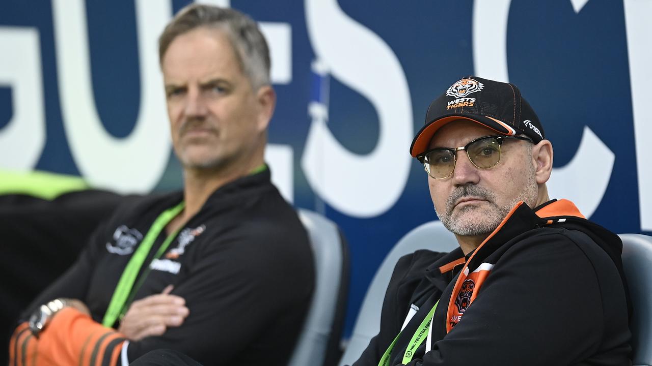 Chair Lee Hagipantelis and chief executive Justin Pascoe were both pushed out the door at the Tigers. Picture: Ian Hitchcock/Getty Images