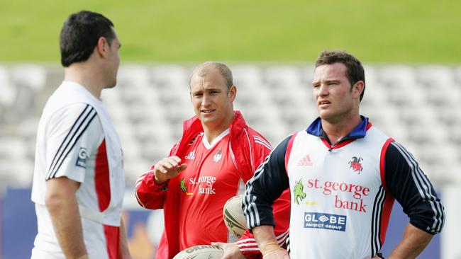 SPORT Coach Nathan Brown (C) with players Jason Ryles (L) &amp; Dean Young at St (Saint) George-Illawarra Dragons NRL training at Oki Jubilee Stadium at Kogarah in Sydney.