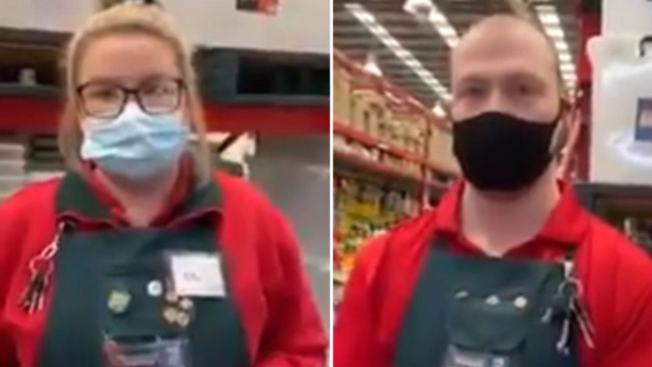 Bunnings staff talk to the woman about wearing a mask in the store. Picture: Supplied