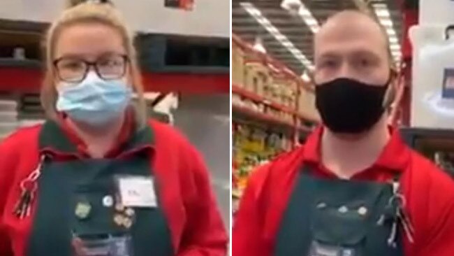 Bunnings staff talk to the woman about wearing a mask in the store. Picture: Supplied