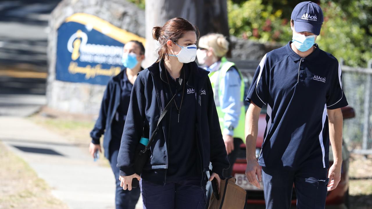 Covid testing commenced at Indooroopilly State High School after a student was infected with the virus. Picture: Annette Dew