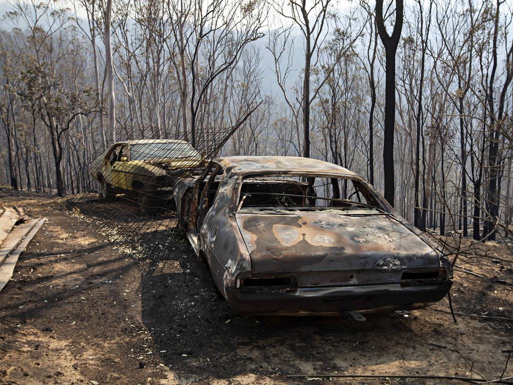 The fire damage around Wytaliba rural fire captain Kym Jermey's home that he saved during the deadly fires on Friday, on the 13th of November 2019. Bushfires ripped through the small community of Wytaliba on the 9th of November 2019. Photographer: Adam Yip