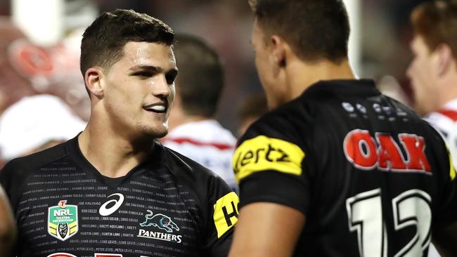 Nathan Cleary celebrates a try for the Panthers.