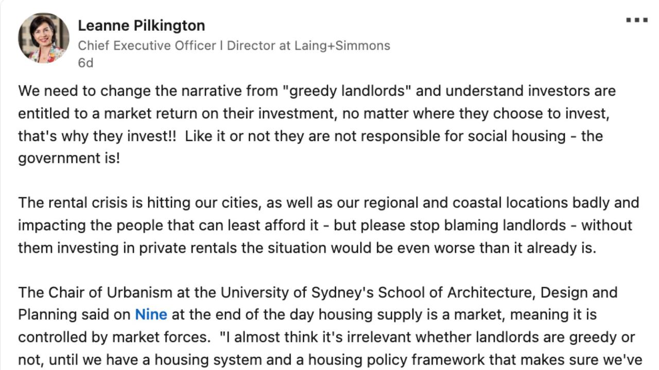 Ms Pilkington's comments about Landlords being entitled to a "market return" have divided the nation. Picture: LinkedIn