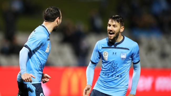 Adam le Fondre (left) and Milos Ninkovic have been instrumental in Sydney FC’s historic season. Picture: Getty