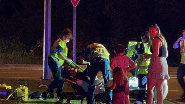 A man was transported to Gold Coast University Hospital following a crash with a delivery driver at Coomera on Saturday night. Picture Daniel Lutzke.